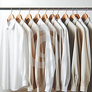 Clean clothes white and beige men\'s shirts on hangers after dry-cleaning or for sale in the shop on white background