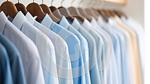 Clean clothes white and blue men\'s shirts on hangers after dry-cleaning or for sale in the shop