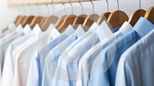 Clean clothes white and blue men\'s shirts on hangers after dry-cleaning or for sale in the shop