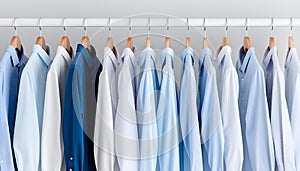 Clean clothes white and blue men\'s shirts on hangers after dry-cleaning or for sale in the shop