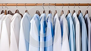 Clean clothes white and blue men\'s shirts on hangers after dry-cleaning or for sale in the shop
