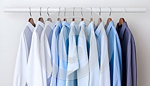 Clean clothes white and blue men\'s shirts on hangers after dry-cleaning or for sale in the shop