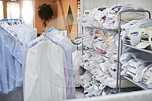 Clean clothing Packed in plastic bags on the shelves and weighs on hangers