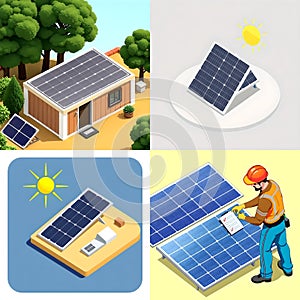 Collage of Four Isometric Flat Vector Illustrations: Solar Panels and Technician Maintenance with Checklist