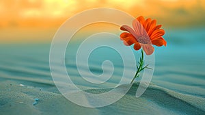 a clean composition depicting a single, vibrantly colored flower blooming amidst a vast expanse desert sand