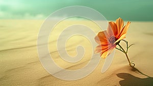 a clean composition depicting a single, vibrantly colored flower blooming amidst a vast expanse desert sand