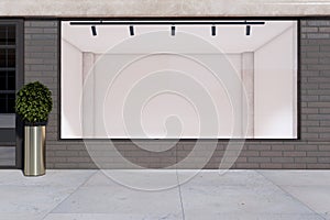Clean contemporary storefront window with white mock up place for your advertisement and decorative plant. Display, boutique and
