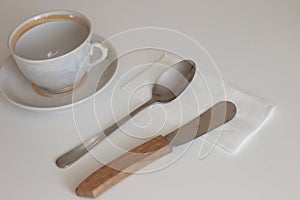 Clean cooking utensils for daily use, empty dishes on a white table background