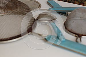 Clean cooking utensils for daily use, empty dishes on a white table background