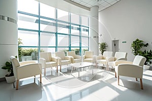 Clean and cozy hospital lobby waiting area with sunlight, interior of modern hospital hallway background, Generative AI