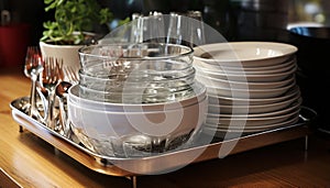 Clean crockery and silverware stack on shiny kitchen shelf generated by AI