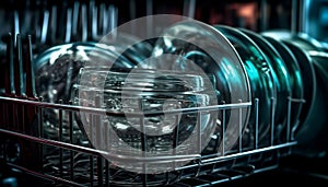 Clean crockery stack in kitchenware department shelf generated by AI