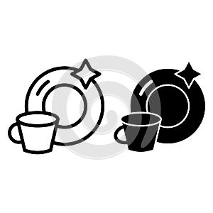 Clean cup and a plate line and glyph icon. Washed mug and dish vector illustration isolated on white. Dishware outline