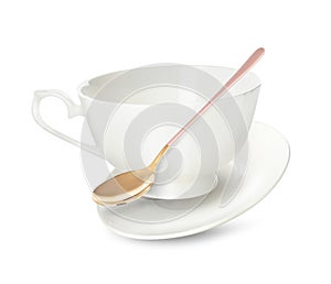 Clean cup with saucer and teaspoon in flight on background