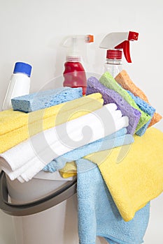 Clean damp cloth and detergents background