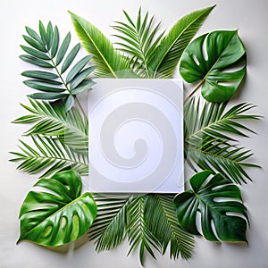 Tropical leaves are placed on a white canvas with part of the leaf layout and copy space photo