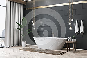 Clean designer bathroom interior with various decorative items, window with city view and curtains. 3D Rendering