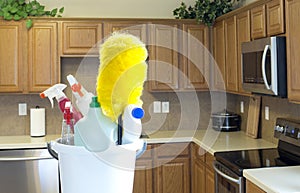 Clean detergents and kitchen background