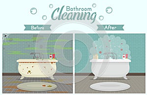 Clean and dirty bathroom in a modern style. Concept for cleaning companies. Before and After Cleaning. Flat vector illustration