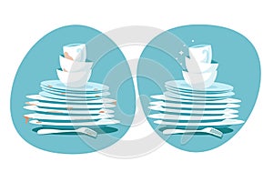 Clean and dirty dishes. Kitchen plates before and after washing. Kitchen utensils wash vector concept