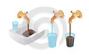 Clean and dirty glass water. Isometric dirty water pour faucet. Clean and dirty glass water. Problem of pollution water