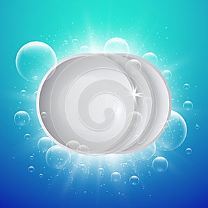 Clean dish. Shiny white plates washing. Realistic ceramic serving and soap bubbles vector background