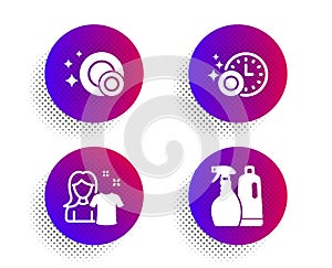 Clean dishes, Clean shirt and Dishwasher timer icons set. Shampoo and spray sign. Vector