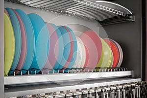 Clean dishes drying on metal racks for dishes on the shelves. Storing clean kitchen utensils and drying them