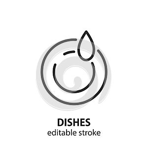 Clean dishes line icon. Plate with a drop of water. Vector symbol of cleanness. Editable stroke photo