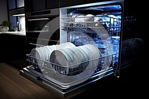 Clean dishes in a modern dishwasher in the kitchen
