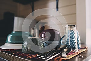 clean dishes in modern kitchen. Washing plates,