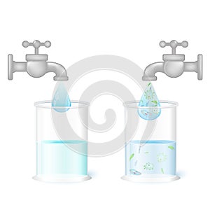 Two glasses and taps with clean drinking water and dirty water w