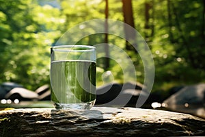 clean drinking water in glass on stone in the forest