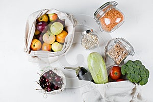 Clean eating, vegan concept. Vegetables, fruits in eco reusable bag. Eco friendly, zero waste
