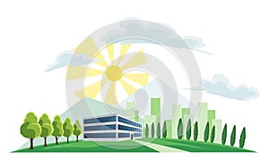 Clean electric energy concept. Renewable electricity resource . Ecological change of the future. City skyline and nature