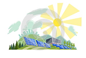 Clean electric energy concept. Renewable electricity resource from solar panels. Ecological change of the future. City