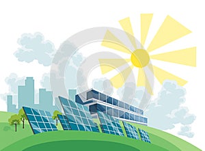 Clean electric energy concept. Renewable electricity resource from solar panels. Ecological change of the future. City