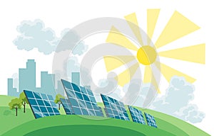 Clean electric energy concept. Renewable electricity resource from solar panels. Ecological change of the future. City