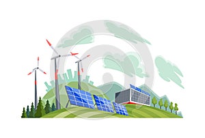 Clean electric energy concept. Renewable electricity resource from solar panels and wind turbines. Ecological change of