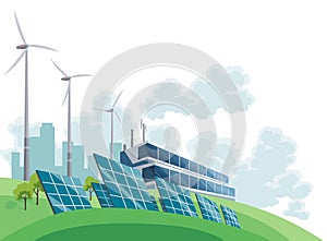 Clean electric energy concept. Renewable electricity resource from solar panels and wind turbines. Ecological change of