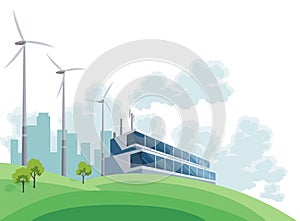 Clean electric energy concept. Renewable electricity resource from wind turbines. Ecological change of the future. City