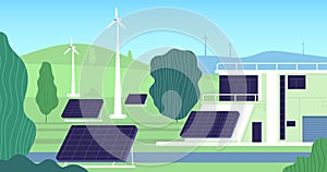 Clean electric energy. Turbine, building renewable resources. Modern electricity, sun battery wind station. Powerhouse