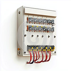 Electrical control panel wiring system components assembly  isolated on white background