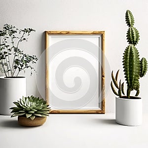 Clean and Elegant: Minimal Wooden Picture Poster Frame Mockup on a White Wall AI Generated