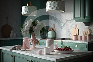 Clean and empty marble counter top, green vintage kitchen furniture with lots of flowers and bowl of strawberries, pair of white