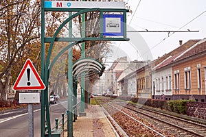 Clean and empty tram station in city of Szeged, Hungary.