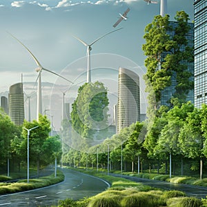 Clean energy city with wind turbines. Renewable and ecological green energy town concept