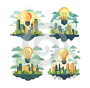 Clean energy cityscapes cartoon style vector concepts. Light bulb skyscrapers high rise buildings, pure green trees