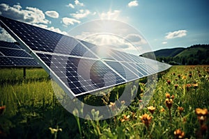 Clean energy future photovoltaic solar panel in a green field