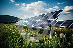 Clean energy future photovoltaic solar panel in a green field